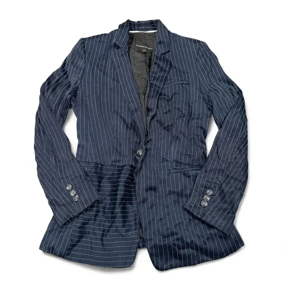 Vintage Parisian Banana Republic Navy Pinstripe Tailored Blazer Jacket Sz 6P S/M
